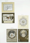 Christmas cards depicting winter scenes, children, bells, carriages, and ornamental design.