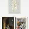 Christmas cards depicting a fireplace, stockings, children, needlework, and a floral design.