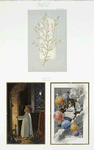 Christmas cards depicting a fireplace, stockings, children, needlework, and a floral design.