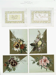 Birthday and Valentine cards with decorative design elements and depictions of flowers.