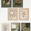 Birthday and Valentine cards depicting flowers, leaves and sitting women.
