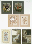 Birthday and Valentine cards depicting flowers, leaves and sitting women.