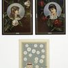 Valentine cards with text, depicting flowers, a vase, decorative designs and portraits.