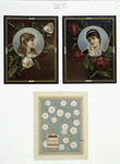 Valentine cards with text, depicting flowers, a vase, decorative designs and portraits.