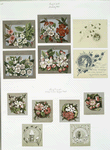 Birthday, Christmas and New Year cards depicting winter scenes, flowers, birds, a church bell and a girl's profile.
