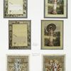 Valentine cards with decorative design, depicting feather quills, flowers, umbrellas, women, the countryside, clover, curtains, vases and windows.