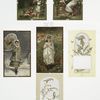 Christmas cards depicting women, girls, angels, flowers, bees, a bird and an umbrella.