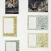 Christmas cards with decorative designs, depicting an owl, clouds, stars, angels, gifts, flowers, vases and a distant town.