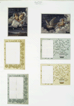 Christmas cards with decorative designs, depicting an owl, clouds, stars, angels, gifts, flowers, vases and a distant town.