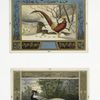 Cards with decorative borders, depicting pheasants in the snow and by a lake.