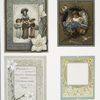 Prize Christmas cards depicting mother with children, snow, flowers, butterflies, and musical instruments.