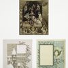 Christmas cards depicting family around Christmas tree with gifts, church bell tower, and angels.