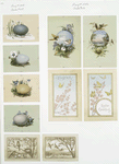 Easter cards depicting nests, eggs, butterflies, birds, flowers, and plants.