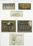 Christmas cards depicting Egyptians with Christ child; pyramids; star of David, palm trees, and plants.