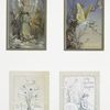 Easter cards depicting angels, birds, nests, and eggs; butterfly emerging from cocoon; vase with flowers.