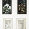 Christmas and New Year cards depicting owls, cats, rabbits, pigs, ducks, painters' palates, and snow-covered landscapes.