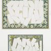 Large prints with labels and plants, flowers, and butterflies as ornamentation.