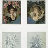 Christmas cards depicting women with flowers, holly, and vases