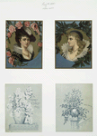 Christmas cards depicting women with flowers, holly, and vases