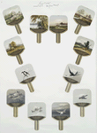Fan-shaped Christmas and New Year cards depicting landscapes with fields, lakes, animals, birds, trees, and flowers.