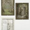 Christmas cards depicting a house, a yard with blooming tree, and birds.