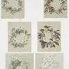 Christmas and birthday cards depicting profile of woman, flowers, and flower garlands.