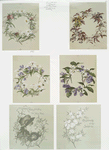 Christmas and birthday cards depicting profile of woman, flowers, and flower garlands.