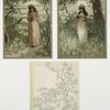 Valentines depicting woman in field with tree, flowers, and birds's nest; decorative vase with flowers.