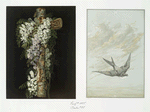 Easter cards depicting bird in flight; wooden cross decorated with flowers.