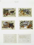 Christmas cards depicting fruit, leaves, and landscapes, with trees, snow, and boats.
