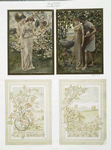 Valentine cards depicting a trellis, birdbaths, nests, vases, doves, men, women, angels and flowers.