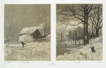 Prints depicting ice skating in December and a barn in January.