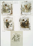 Birthday cards with text, depicting children, a hammock, birds and flowers.