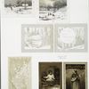 Christmas and New Year cards depicting winter scenes, a vase of flowers, birds, women and children.