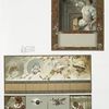 Gift calendars and New Year cards depicting women, men, children, a fireplace and decorative designs.