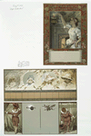 Gift calendars and New Year cards depicting women, men, children, a fireplace and decorative designs.