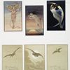 Birthday cards depicting women and owls in the sky with the moon, setting sun and clouds behind them.