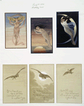 Birthday cards depicting women and owls in the sky with the moon, setting sun and clouds behind them.