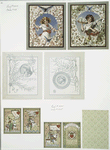 Easter and Christmas cards depicting people, flowers, knights on horses, hearts and decorative designs and patterns.