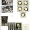 Christmas cards depicting elves, snowflakes, stars, flowers, holly, a Christmas tree, children and women.