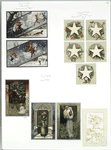 Christmas cards depicting elves, snowflakes, stars, flowers, holly, a Christmas tree, children and women.