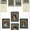 Birthday, Christmas, New Year and Valentine cards resembling stained glass windows, depicting a mallard duck, fish, flowers, butterflies, oranges, and profiles of men and women.