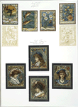 Birthday, Christmas, New Year and Valentine cards resembling stained glass windows, depicting a mallard duck, fish, flowers, butterflies, oranges, and profiles of men and women.