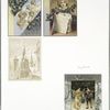 Christmas cards depicting angels, holly, a dance hall, a church bell and the moon.