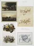 Birthday, Christmas, and New Year cards depicting cows, sheep, flowers in baskets, tree branches, sunsets, landscapes and a church.