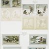 Christmas and New Year cards depicting toys, children, sledding, profiles, holly, an umbrella, a river, birds and animals, including dogs, cats, a goat, turkeys, ducks and ducklings.