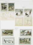 Christmas and New Year cards depicting toys, children, sledding, profiles, holly, an umbrella, a river, birds and animals, including dogs, cats, a goat, turkeys, ducks and ducklings.