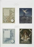 Prize cards with decorative designs, depicting children, holly, an angel and the skyline of a city.