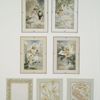 Valentines and birthday cards depicting angels in trees with birds, flowers, pen and paper.]