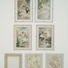 Valentines and birthday cards depicting angels in trees with birds, flowers, pen and paper.
